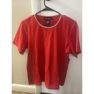 Denim & Co. Perfect Jersey Red Top Striped Neck Short Sleeve Small S Crew Neck